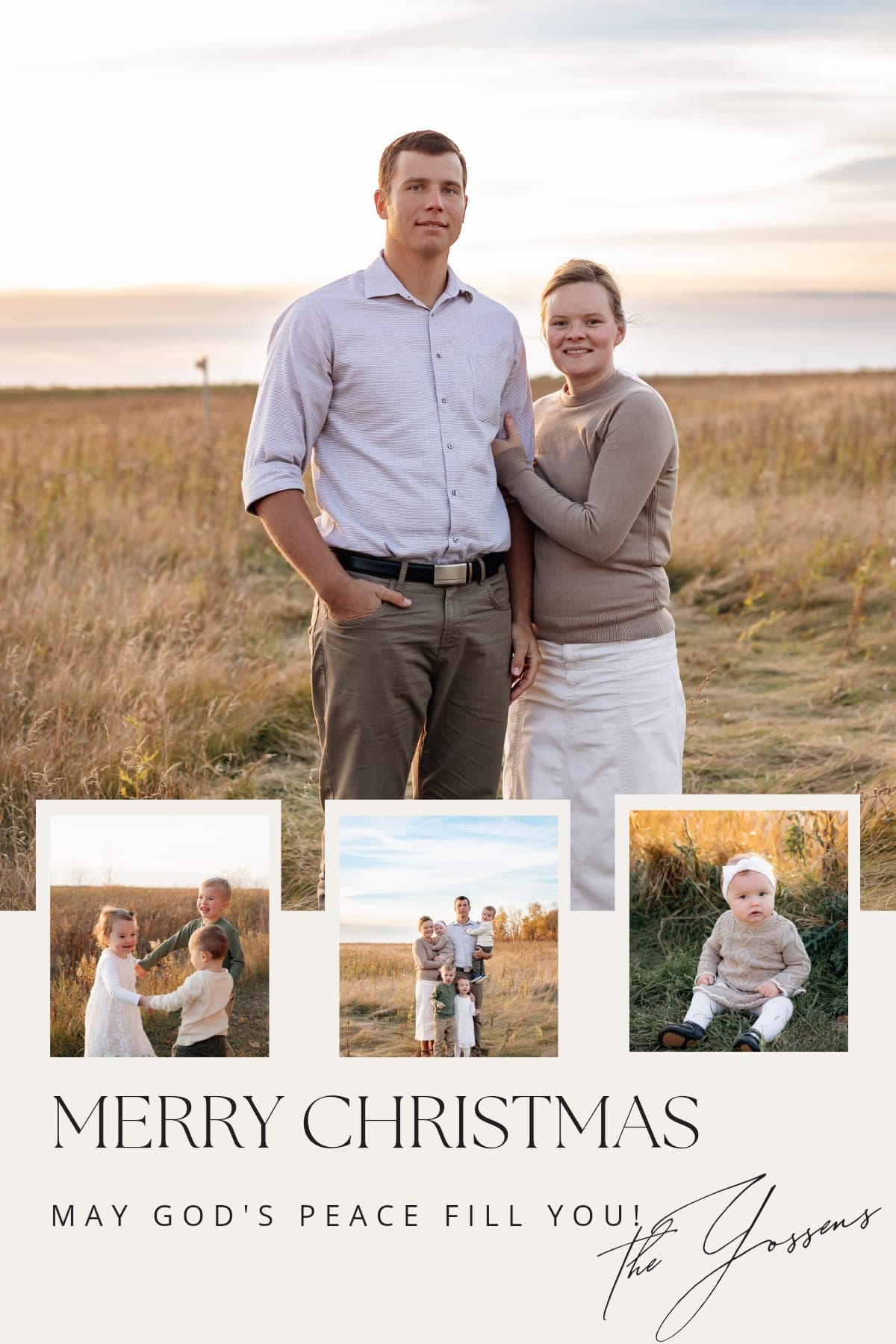 Christmas card collage featuring a couple and their children in a golden sunset field.